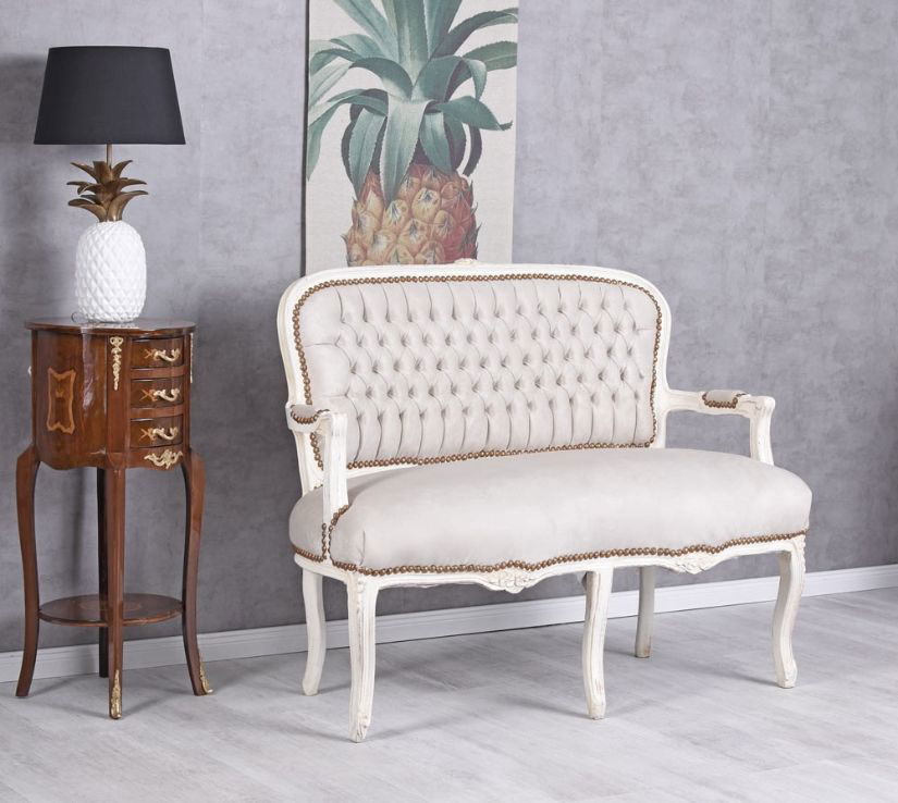 Sofa baroc din lemn masiv alb cu tapiterie din catifea grej