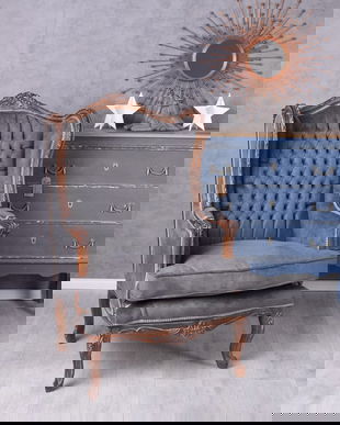 Fotoliu baroc din lemn masiv mahon cu tapiterie gri soarece