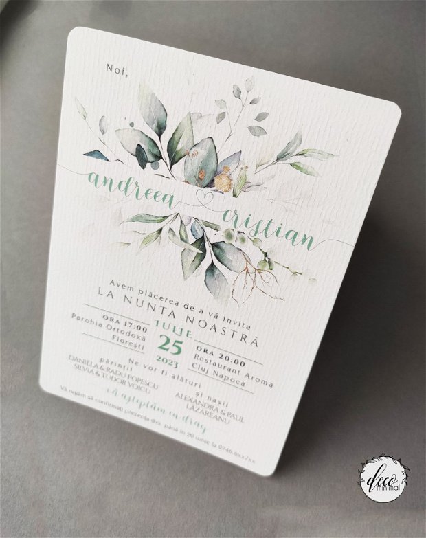 Invitatie nunta aranjament eucalipt, plic handmade, liner plic, verde pal, verde menta, invitatie carton texturat