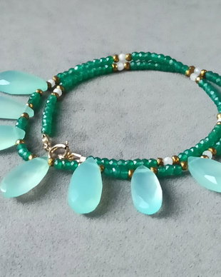 REZERVAT Colier din onix verde, calcedonie aqua, piatra lunii si hematit
