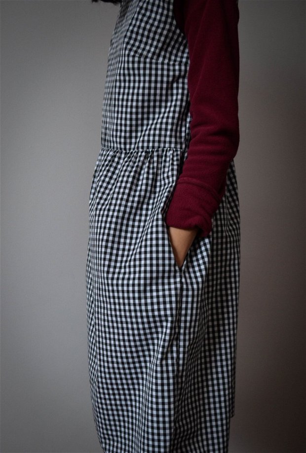 Rochie fără mâneci din bumbac cu imprimeu tip gingham cu talie largă