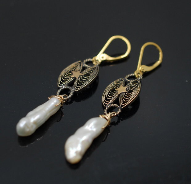 Cercei din argint si perla de cultura, cercei lungi argint, cercei statement, cercei handmade