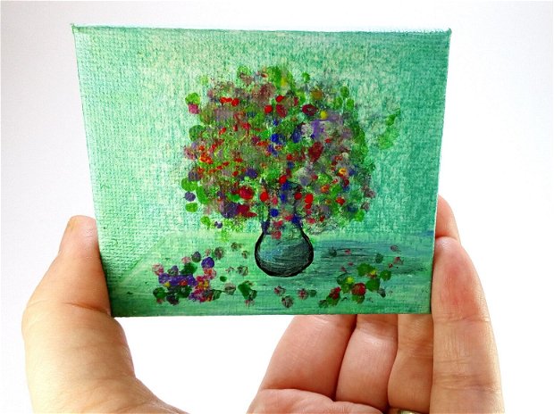 Mini pictura pe panza - canvas cu stativ -  Flori in vaza