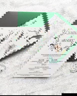 Invitatie nunta verde, invitatie rustica, plic handmade, liner plic, invitatie nunta frunze, invitatie carton texturat