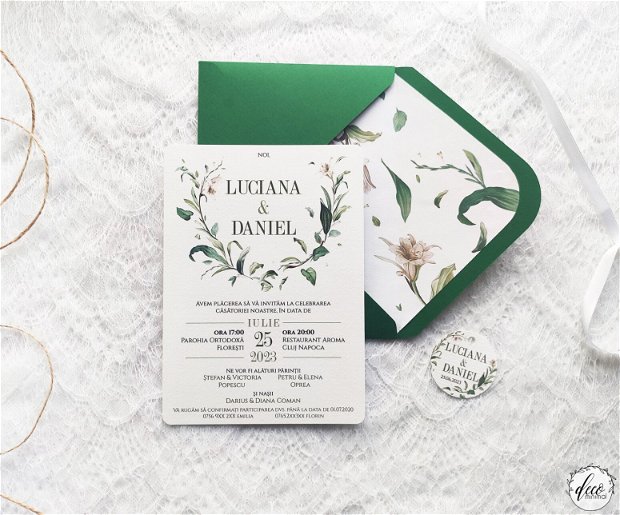 Invitatie nunta verde, invitatie rustica, plic handmade, liner plic, invitatie nunta frunze, invitatie carton texturat