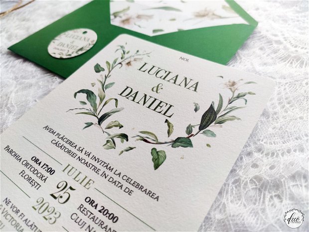Invitatie nunta verde, invitatie rustica, plic handmade, liner plic, invitatie nunta frunze, invitatie carton texturat