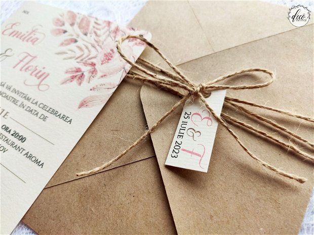 Invitatie nunta rustica, invitatie florala, crem, roz, carton kraft natur, plic handmade, liner plic, invitatie nunta frunze, invitatie carton texturat