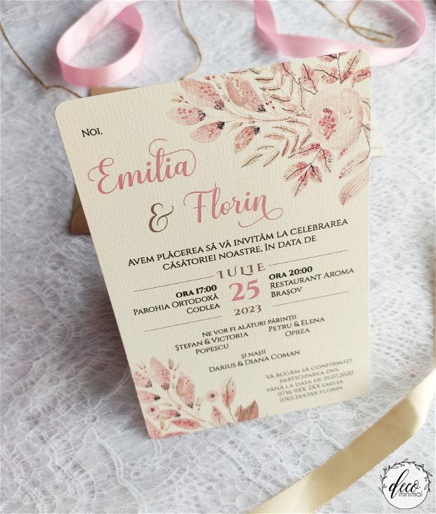 Invitatie nunta rustica, invitatie florala, crem, roz, carton kraft natur, plic handmade, liner plic, invitatie nunta frunze, invitatie carton texturat