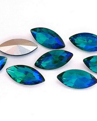 Cabochon din sticla, horse eye, 15x7 mm, AB, SeaGreen