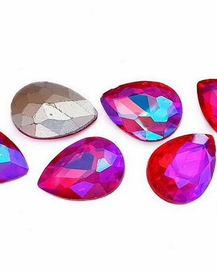 Cabochon din sticla, lacrima, 14x10 mm, AB, Red