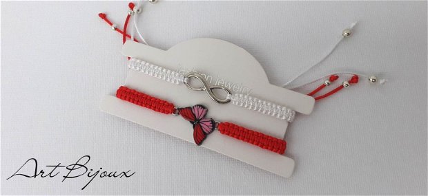 Brățări Împletite Șnur alb și roșu mătase cu simbol Infinit și Fluture emailat