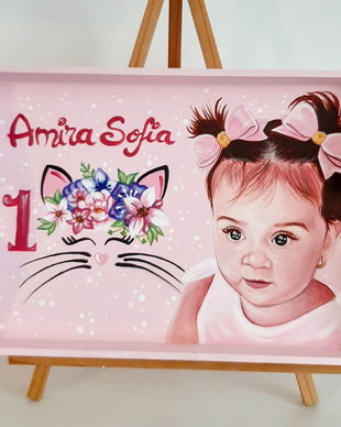 Tava cu portret pictat ,aniversare 1 an
