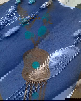 COLIER VECHI AFGAN TURCOISE SI METAL ARGINTAT