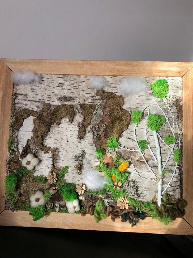 Tablou natura vie III- tablou cu scoarța mesteacan, licheni, conuri
