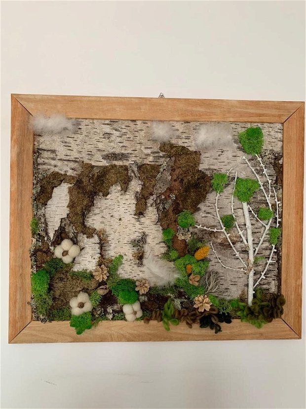 Tablou natura vie III- tablou cu scoarța mesteacan, licheni, conuri