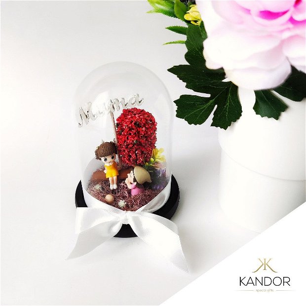 Cupola din sticla cu miniaturi mama si fiica, Kandor Special Gifts, Handmade, 15X10 cm