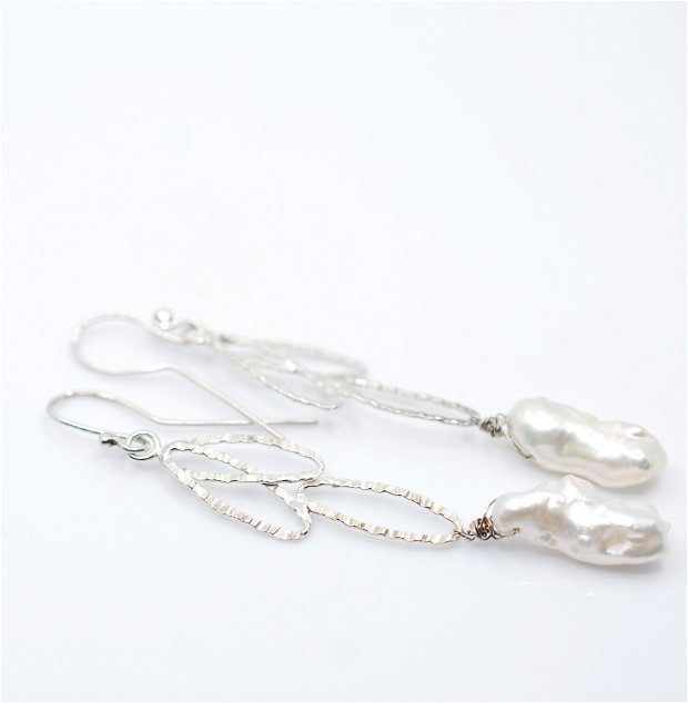 Cercei din argint si perla de cultura, cercei lungi argint, cercei statement, cercei handmade