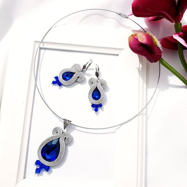 Set Blue Royal cu gri,  Set bijuterii soutache