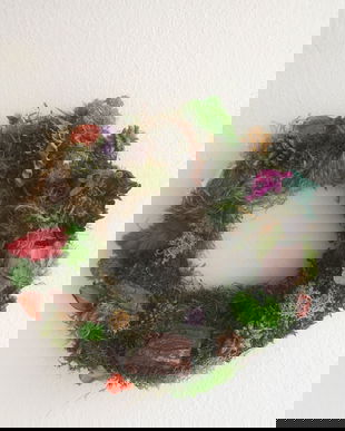 Coronita muschi si licheni, cu flori si plante uscate cu suport sticla lumanare