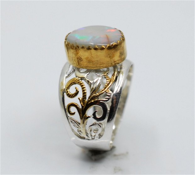 Inel din argint 925 si opal, placat selectiv cu aur