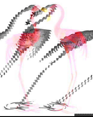 Doua ghivece cu pasari flamingo din metal roz