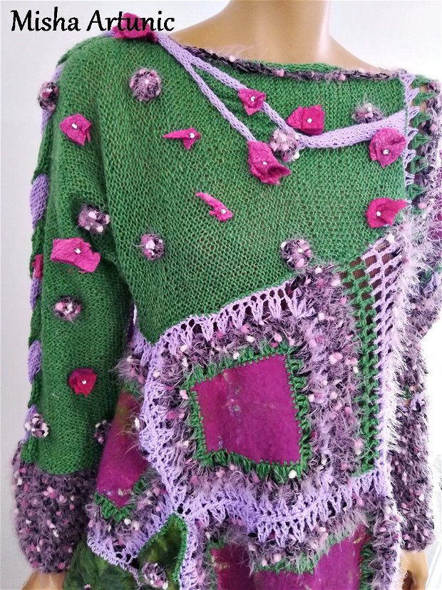 Pulover tricotat, crosetat, impaslit