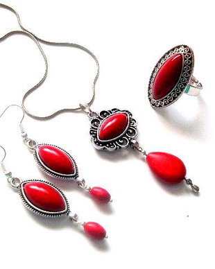 set colier , cercei si inel cu howlite rosu 38702