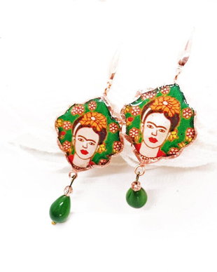 Cercei "Green Frida 2" din rasina, lut polimeric, tabla de cupru si inox roz