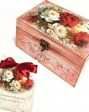 Cutie / cufar din lemn 20/15/8 cm, personalizabil, tema trandafiri