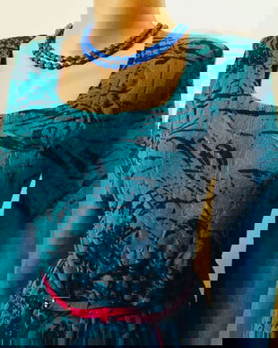 Rochie scurta/ pulover lung turcoaz cu imprimeu