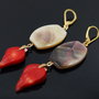 Cercei din argint placat cu aur, sidef si coral, cercei lungi argint, cercei statement, cercei handmade