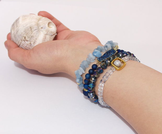 Set 4 bratari BLUE SUMMER STACK / acvamarin, agata