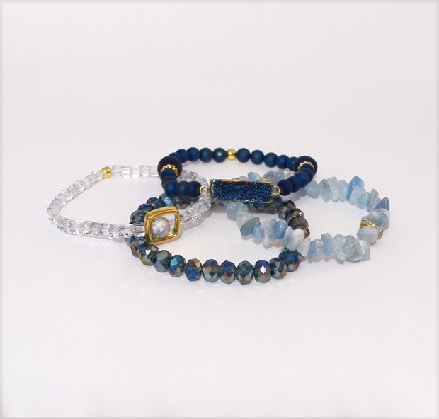 Set 4 bratari BLUE SUMMER STACK / acvamarin, agata