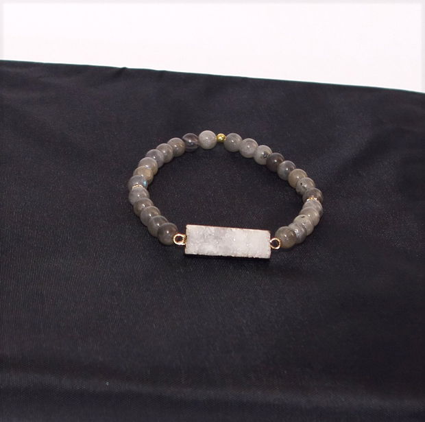 Set 4 bratari GRAY SUMMER STACK / agate, labradorit, ochi de pisica, howlit