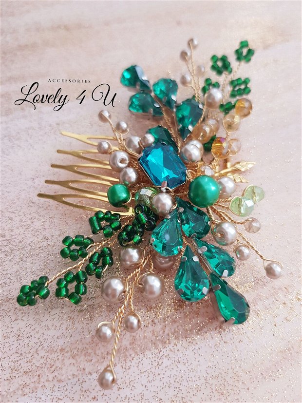 LUCY - Accesoriu pentru par elegant - Green , Accesoriu cu perle și cristale