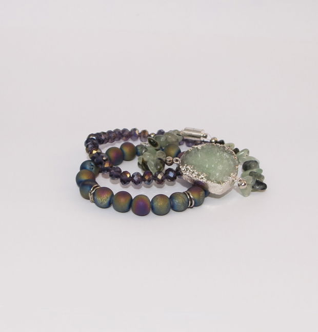 Set 3 bratari MAD GREEN SUMMER STACK / agate, prehnit, cuart