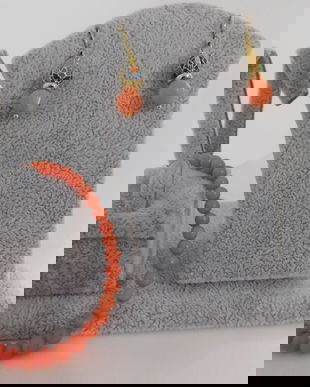 Set nou bratara  cu cercei , coral  natural , elemente  cloisonee , lucrati manual