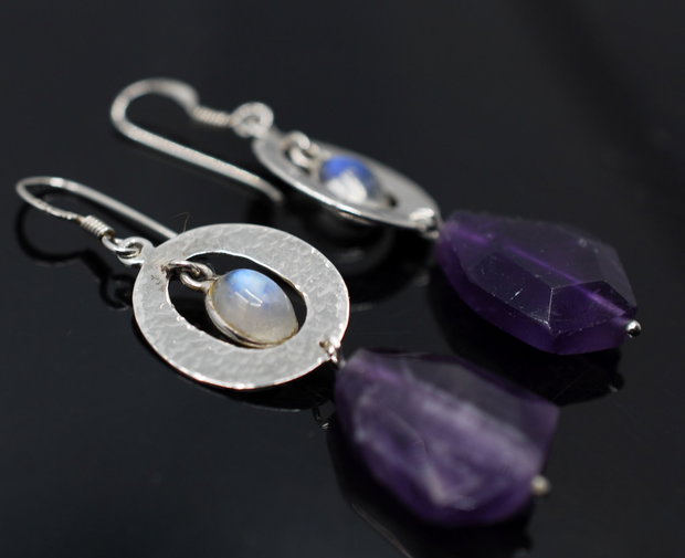 Cercei din argint ametist si piatra lunii, cercei lungi argint, cercei statement, cercei handmade