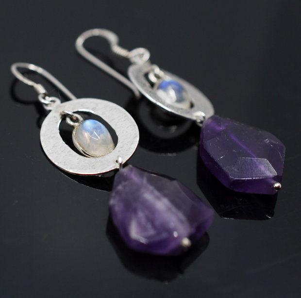 Cercei din argint ametist si piatra lunii, cercei lungi argint, cercei statement, cercei handmade