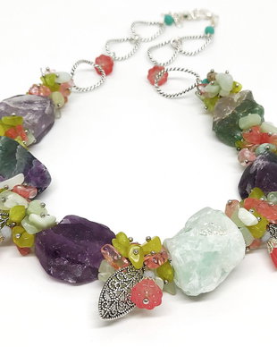 Colier fluorit,jad si cuart cherry cu floricele