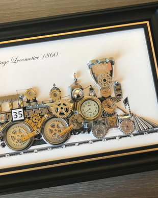 Locomotiva de epoca 1860 Cod M 514, Tablou decorativ din piese de ceas, Arta, Tablou steampunk