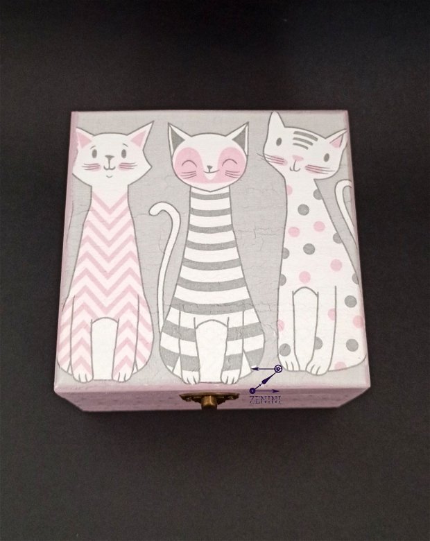 Cutie bijuterii cu pisici roz, cutie pisici roz, cutie lemn cu pisici, cutie amintiri pisici