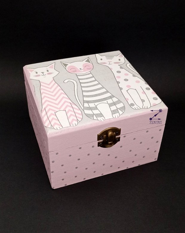 Cutie bijuterii cu pisici roz, cutie pisici roz, cutie lemn cu pisici, cutie amintiri pisici