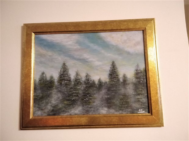 Tablou pictat in acrilic, "Mountain Air", 30/40 cm. Original.