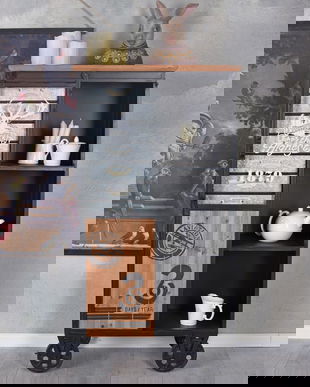 Comoda industriala din lemn masiv cu metal