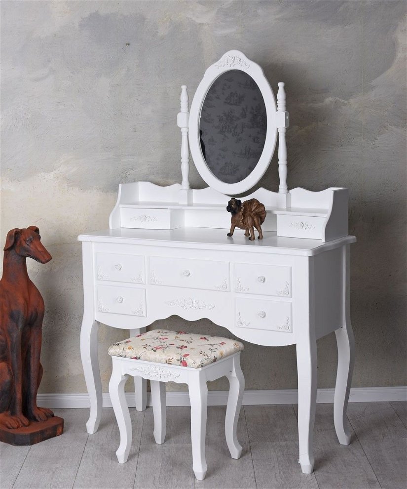 Masa de toaleta din lemn masiv alb cu oglinda si scaun