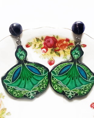 Cercei Art Nouveau "Royal Green" din rasina, Fimo si inox argintiu