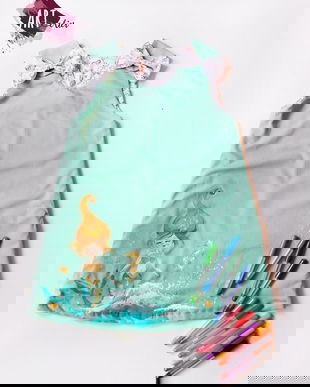 Sarafan copii, verde menta,pictat manual, cu doua fete, o fata de colorat cu carioci lavabile incluse