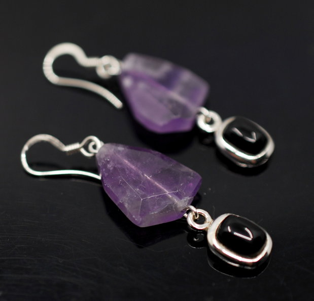 Cercei din argint, onix si ametist, cercei lungi argint, cercei statement, cercei handmade