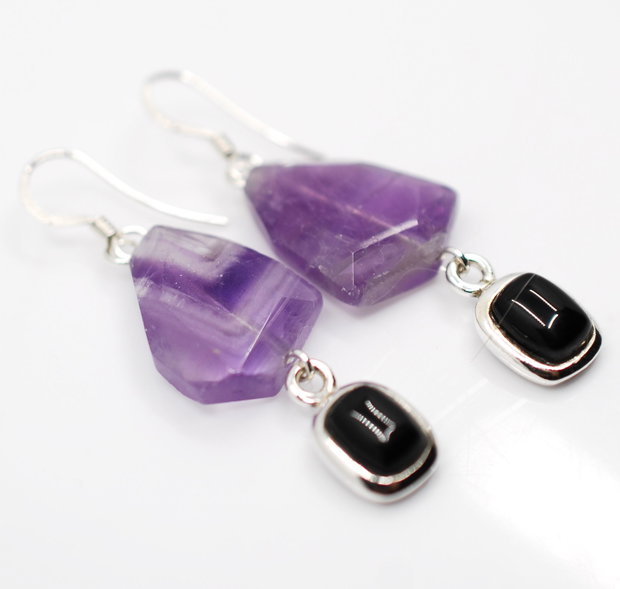 Cercei din argint, onix si ametist, cercei lungi argint, cercei statement, cercei handmade
